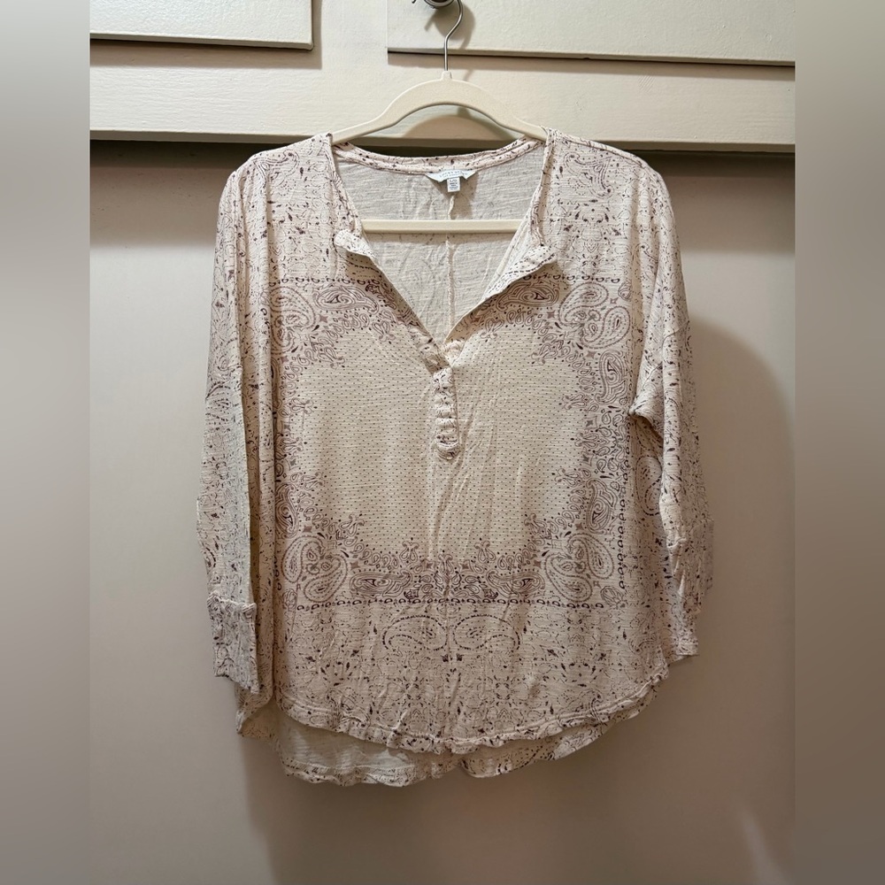 Lucky Brand Ivory Paisley Floral Blouse 3/4 Sleeve Split Neck Size L